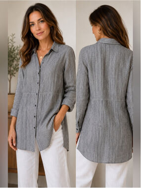 Striped Longline Button-Down Shirt - Gray